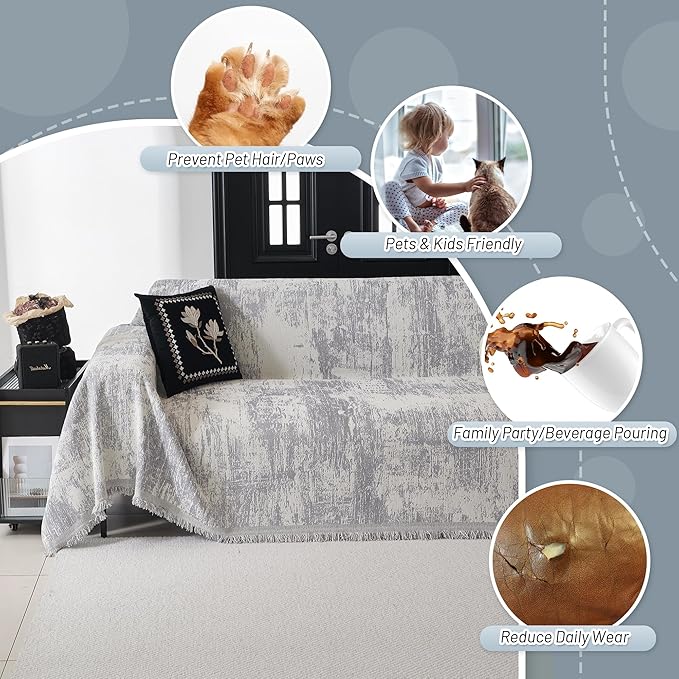 MYSKY HOME Boho Couch Cover for Dogs Washable Grey Abstract Couch Sofa Protector for Loveseat Sofa with Pets Friendly Chenille Geometric Sofa Covers Soft Durable Farmhouse Sofa Slipcovers, 71" X102" - Image 3