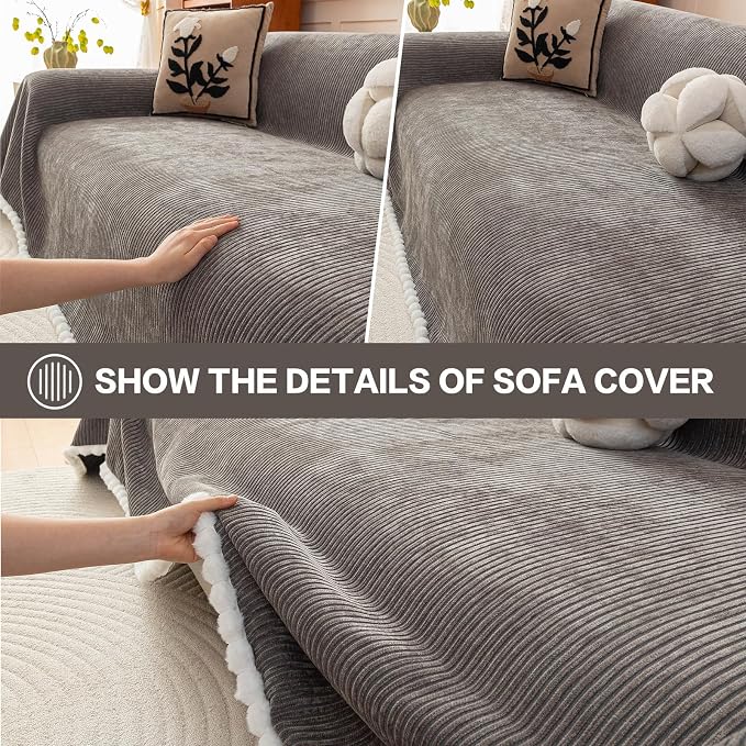 DREAMINGO Striped Chenille Couch Cover Blanket Washable Furniture Protector for Pets/Kids Farmhouse Modern Style Decorative Sofa Throw Cover for Living Room, Pom Pom Trim, Dark Grey, 71"x134" - Image 4
