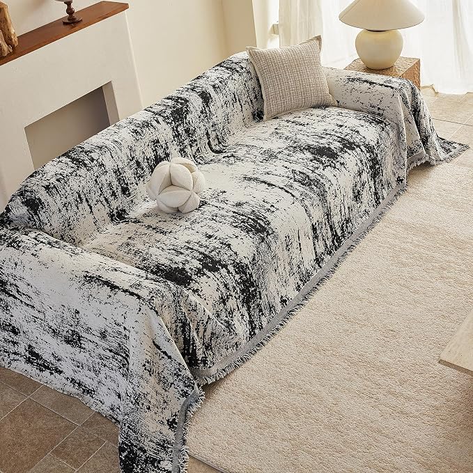 VClife Boho Couch Cover, Non Slip Soft Couch Covers for 3-4 Cushion Couch Sofa Pet Friendly, Irregular Vintage Black Off-White Scraped Texture Furniture Protector Sofa Slipcover for Dog, 71" X 150" - Image 7