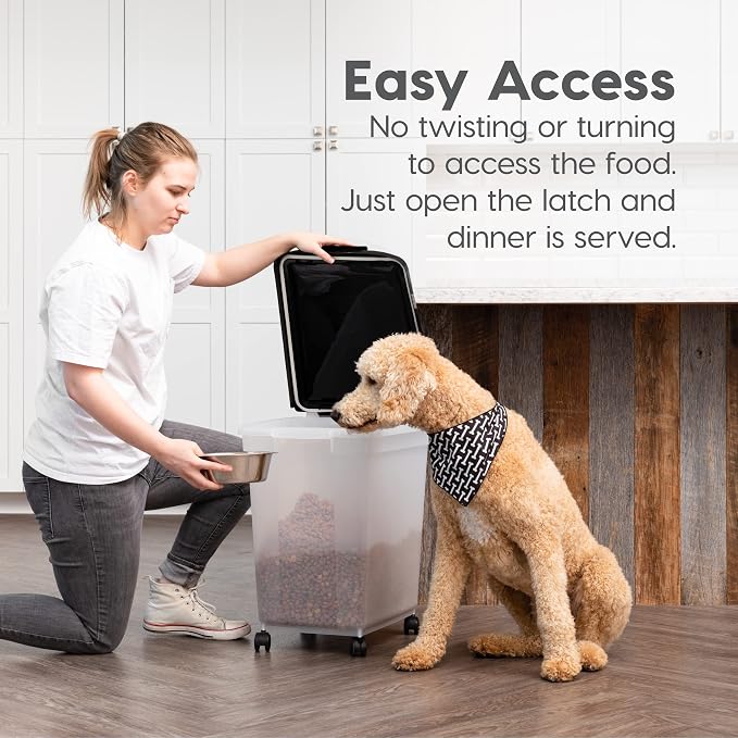 IRIS USA Airtight Dog Food Storage Container, WeatherPro, Up to 50 lbs, Removable Wheels, for Dog Cat Bird and Other Pet Food Storage Bin, Keep Fresh, Translucent Body, Made in USA, Clear/Black - Image 7