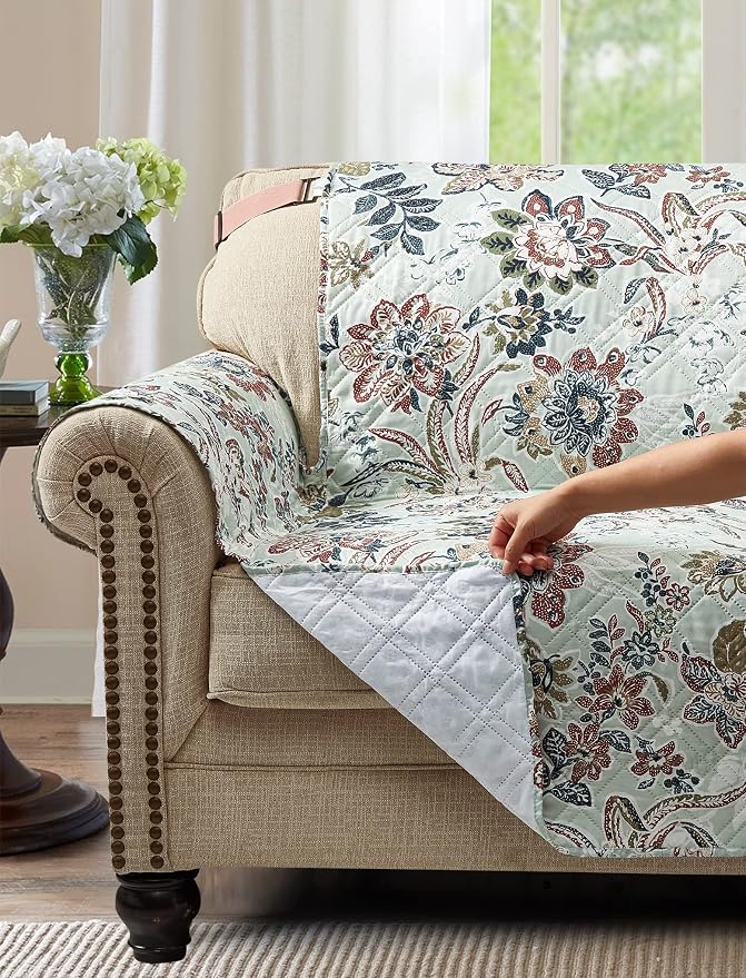 Brilliant Sunshine Green Vintage Beautiful Flowers Couch Cover, 70" seat | Non Slip Sofa Cover, Quilted Furniture Protector, Large Washable Slipcover for Pets, Dogs & Cats - Image 2
