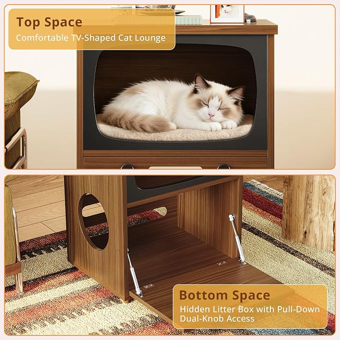 IRONCK 2-Tier TV Shaped Cat Litter Box Enclosure with Rattan Scratch Board | 2-in-1 litter cabinet. Fits standard litter boxes. 2-tier. Scratching board. Works as side table. Cat-friendly materials - Image 3
