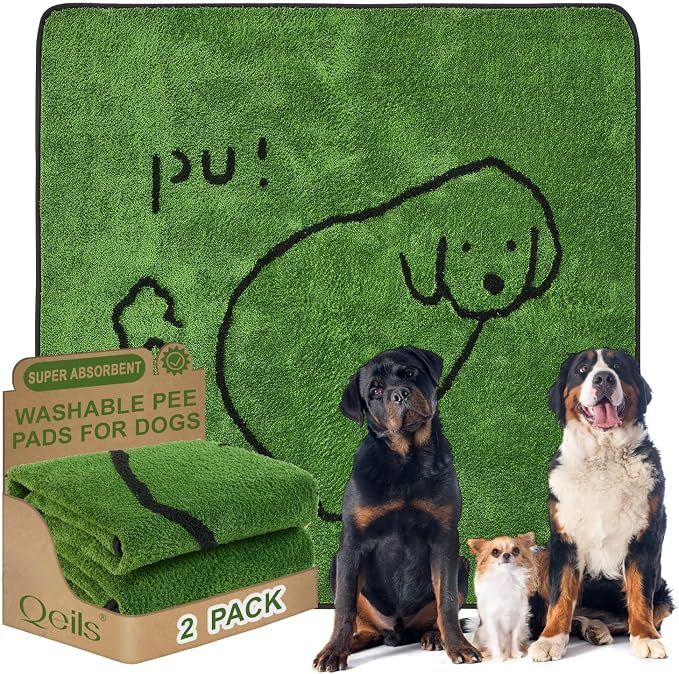 Qeils Reusable Puppy Pads , Washable Pee Pads for Dogs 48" x 48" 2 Pack | Super Absorbent & Leakproof Potty Training Pads, Plush Grass-Look With Non-Slip Backing For Crates, Playpens & Small Pets by Qeils