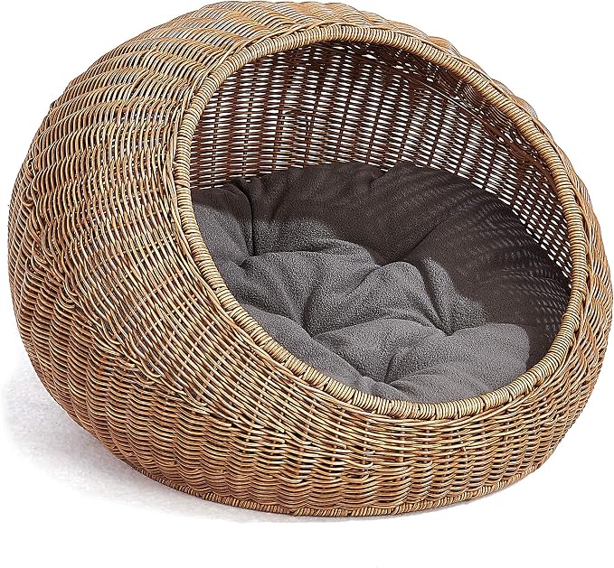 D+GARDEN Wicker Cat Bed Dome for Medium Indoor Cats - a Covered Cat Hideaway Hut of Faux Rattan Houses Pets in Dome Basket, Washable - Image 6