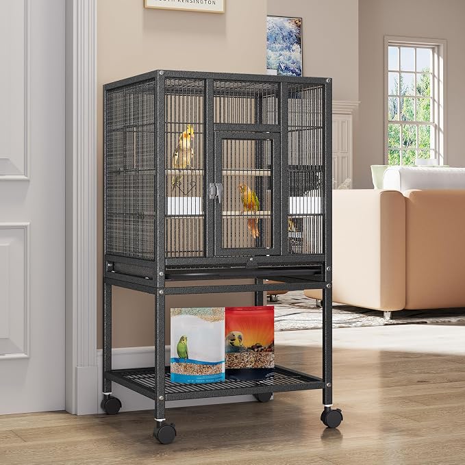 YITAHOME 41 inches Metal Bird Cage for Parakeets: Large Parrot Cages with Tray, Food Boxes, and Wooden Perches with Rolling Stand & Brakes for Lovebirds Cockatiels Pigeon Finches, Black | Large Parrot Cages with Tray, Food Boxes, and Wooden Perches wit... - Image 6