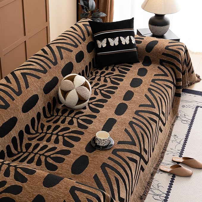 VClife Couch Cover Bohemian Morroccan Sofa Cover Washable Sofa Slipcover for 3-4 Cushion Couch Sofa Non Slip Soft Chenille Furniture Protector Modern Brown Black Slip Cover for Couch 71''x150'' - Image 7