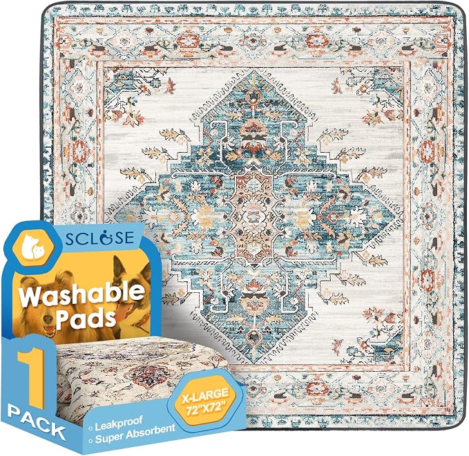 SCLOSE Washable Pee Pad for Dogs Extra Large, 72" x 72" Reusable Puppy Pads Waterproof Dog Rugs, Super Absorbent, Leakproof, Dog Crate Pad, Playpen Mat, Whelping Pads, Blue Medallion by SCLOSE