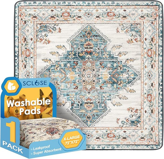 SCLOSE Washable Pee Pad for Dogs Extra Large, 72" x 72" Reusable Puppy Pads Waterproof Dog Rugs, Super Absorbent, Leakproof, Dog Crate Pad, Playpen Mat, Whelping Pads, Blue Medallion by SCLOSE