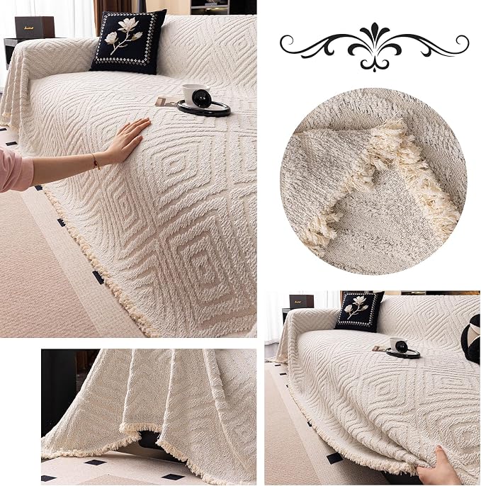 ROOMLIFE Couch Cover 3 Cushion Sofa, Washable Non Slip Furniture Sofa Protector Cover, Soft Chenille Sofa Slipcovers Sectional L Shape Dogs Couch Cover Throw Blanket with Tassels 71''X118'' - Image 5