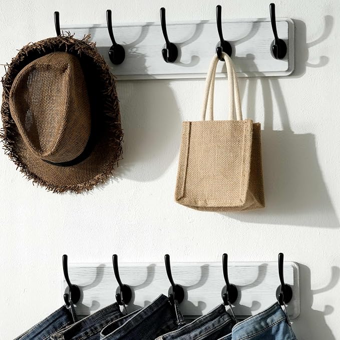 SKOLOO Rustic Wall Mounted Coat Rack, Pine Solid Wood Coat Hook Hanger - 5 Hooks for Hanging Clothes Robes Towels Coats - Image 3