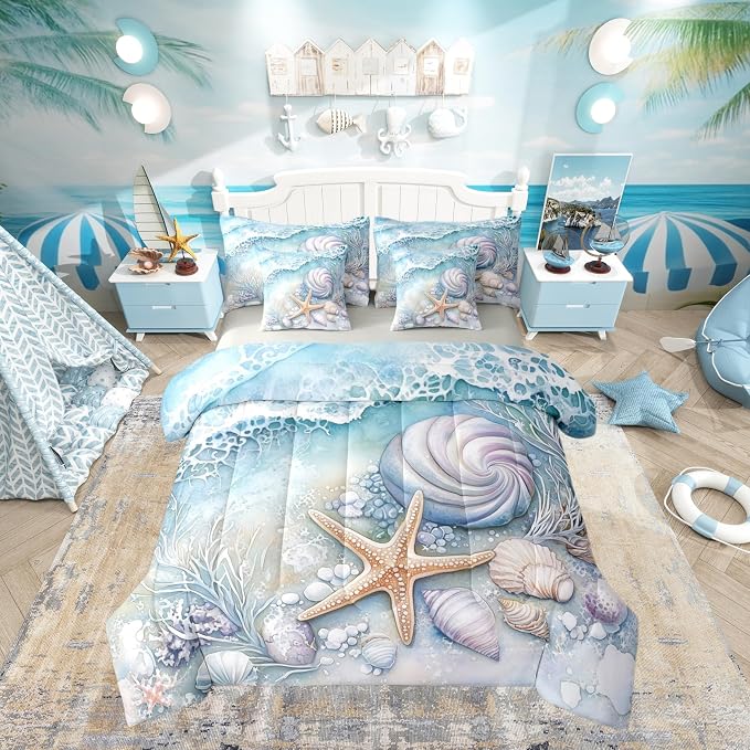 Erosebridal Blue Ocean Coastal Theme Bed in A Bag, Summer Beach Nautical Comforter Set with Sheets King for Kids Boys Girls, Shell Coral Starfish 7 Pcs Bedding Set, Seawaves Ocean Life Bed Sets by Erosebridal