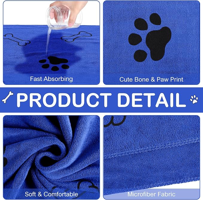 Chumia 8 Pcs Microfiber Dog Towels for Drying Dogs Cats 40 x 24 Inch Pet Towels Bulk for Large Puppy Absorbent Fast Drying Paw Bath Bathing Supplies for Pets(Dog Paw and Bone,Dark Blue) - Image 4