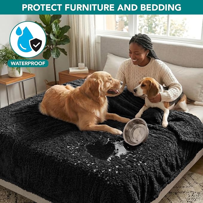 PetAmi Fluffy Waterproof Dog Blanket for Couch and Bed, Reversible Sherpa Pet Throw, Pee Proof Furniture Protector Sofa Cover, Washable Cat Blanket for Medium Large Dogs and Cats (Black, 60x80) - Image 2