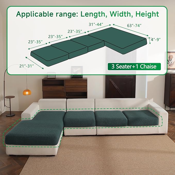 OHSIO Couch Cushion Covers for Sectional Sofa, Stretch Soft Sofa Slipcovers Washable Wear-Resistant Universal Furniture Protector for Living Room(3 Seaters Covers+1 Chaise Cover, Green) - Image 2