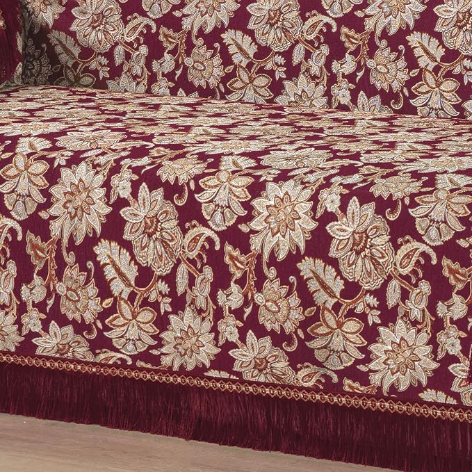 Loom and Mill Luxury Vintage Jacquard Sofa Couch Covers, Burgundy, 71"x118" | Elegant Damask Floral Sofa Throw Cover with Tassels for 2-3 Cushion Couch, Sectional Couch Cover Sofa Slipcover for Dogs Pets - Image 4