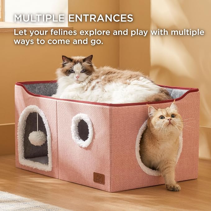 Bedsure Extra Wide Cat House Bed with Fluffy Ball and Scratch Pad,Pink | 23.6x16.9x13 in,Indoor Cat Cave for Multiple Pets, Foldable Cat Hideway Cube for Sleeping Large Cat and Kitten - Image 2