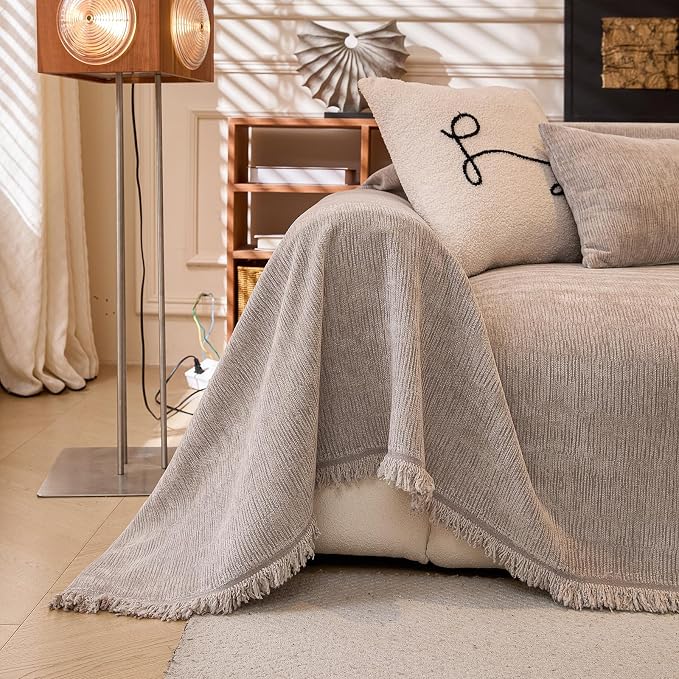 Solid Chenille Couch Cover for Dog Light Grey Throw Style Sofa Cover | Non Slip Washable Sofa Slipcover for L-Shaped Sofa, 3-4 Cushion Couch, Lounge Chaise, Bottom Tassels, XX-Large, 71"x150" - Image 7