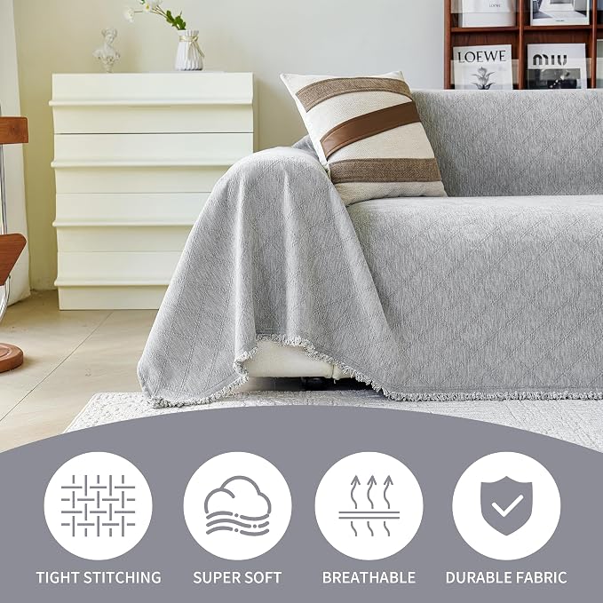 VANJOROY Grey Couch Sofa Cover for 3 Cushion Sectional Sofa L-Shape -Washable Chenille Couch Cover for Dogs Pets, Boho Couch Cover Protector Soft Sofa Slipcovers with Tassel,91"x 134" - Image 2