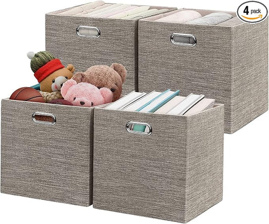 Posprica 3X Thicker Fabric Storage Cubes 13 inch Collapsible Storage Bins for Organization, Cubby Storage Baskets for Organizing Shelf Cabinet Bookcase Boxes, Set of 4, Coffee by Posprica