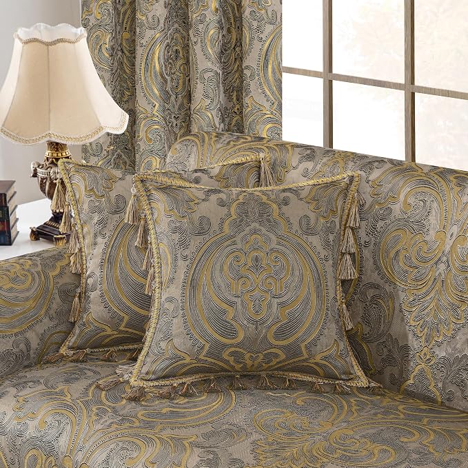 Loom and Mill Luxury Jacquard Sofa Couch Covers, Taupe Gold, 71"x118" | European Antique Sofa Throw Cover with Tassels for 2-3 Cushion Couch, Sectional Couch Cover Sofa Slipcover for Dogs Pets - Image 5