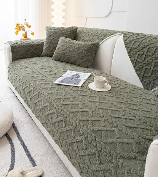 OTOB All Seasons Couch Covers for 3 Cushion Couch Sofa, Washable & Non Slip Geometric Jacquard Plush Sofa Slipcovers Pet Friendly Soft Furniture Cover Protector, 1 Piece (Dusty Green, 27.6"x70.9") by OTOB