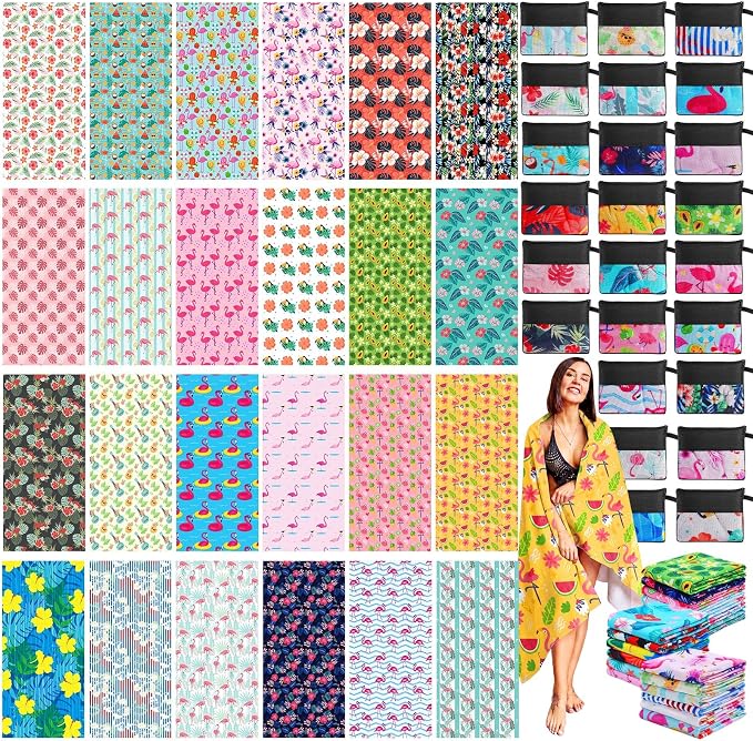 Peryiter 48 Pcs Microfiber Beach Towel with Bags Bulk, 24 Large Quick Dry Pool Towels and 24 Storage Bags, 30 x 60 Inch Turtle Leaf Blanket for Beach Swimming Summer Party Camping Travel Women by Peryiter