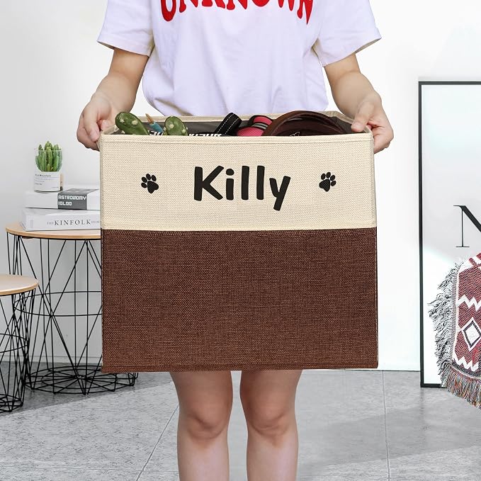 PET ARTIST Large Dog Toy Basket, Custom Toy Bin Box Personalized with Pet's Name, Collapsible Pet Storage Baksets With Handle for Toys,Blankets,Accessories- Brown - Image 2
