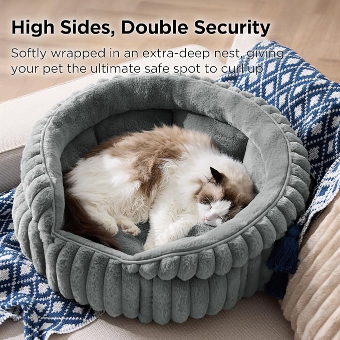 Bedsure ComfyFleece™ Washable Cute Large Cat Bed,Soft Round Puppy Bed,23in | Cozy Fluffy Plush Small Dog Bed,Donut Corduroy Cuddler Pet Beds for Indoor Big Cats,Anti-Slip Bottom,Up to 20 Lbs,Warm Gray - Image 2