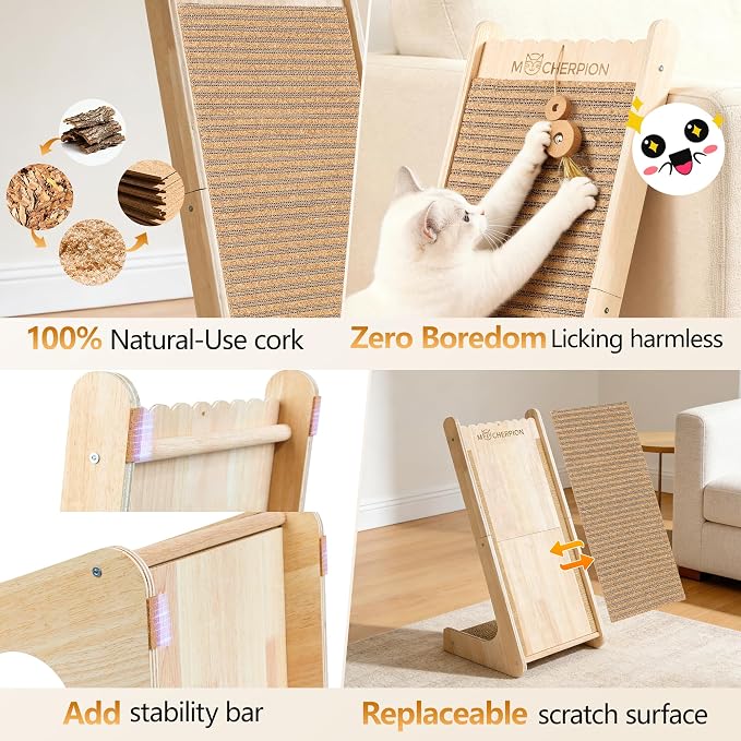 Natural Cork Cat Scratching Post-Cat Scratchers- Scratch Pads for Indoor-Cats Scratching Board-Cat ramp-cat Scratch Cardboard with Toy,Include 2 Pcs Replaceable Pads-Eco-Friendly Sustainable-Cat Gift - Image 2