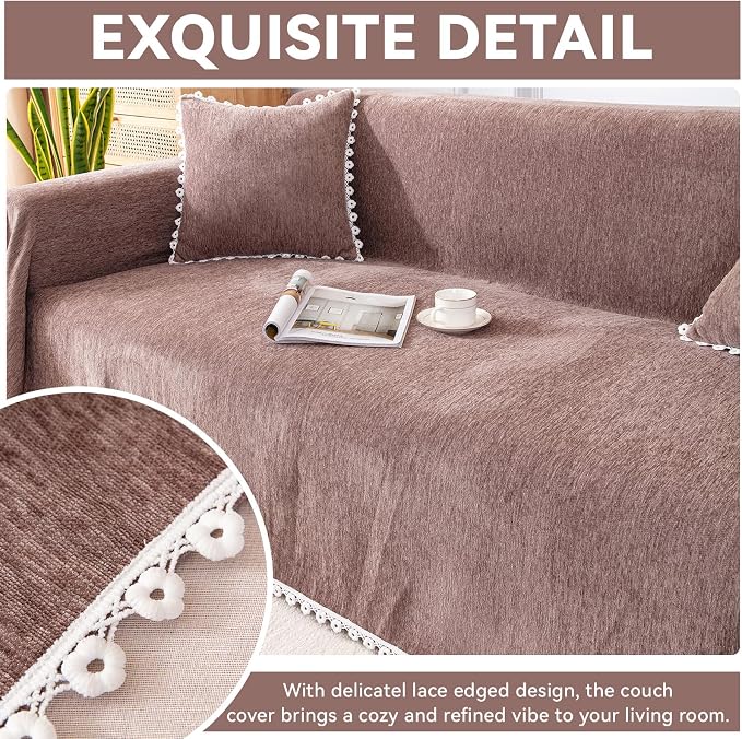 VClife Boho Couch Cover Brown for Sofa, Washable Cotton Chenille Sofa Slipcover for Sectional, Breathable Skin-Friendly Furniture Protector for Dog Living Room Futon Cover Loveseat Cover 71"X118" - Image 3