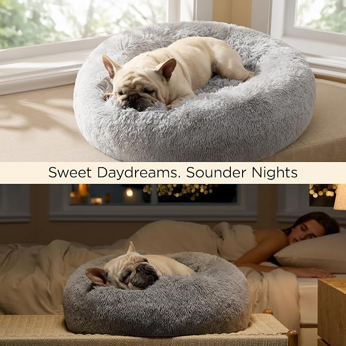 Bedsure Calming Dog Bed Medium Size Dog Donut Washable Pet Bed,30ins | Fluffy Faux Fur Round Cuddler,Machine Washable,Anti-Slip Bottom,Anti-Anxiety,Deep Sleeping for Pets Up to 45 Lbs,Pale Grey - Image 4
