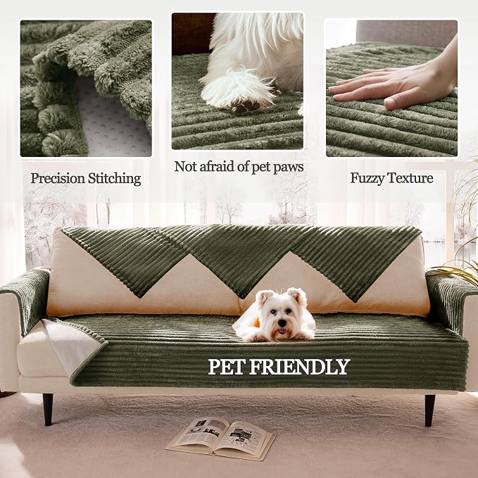Dual Non-Slip Couch Cover for Dogs Waterproof, Fuzzy Soft Pet Couch Covers for Sofa 3 Cushion, Pet Friendly Soft Dog Bed Covers Sofa Cover Washable (Sage Green, 33" x 75" 1 Pack) - Image 4