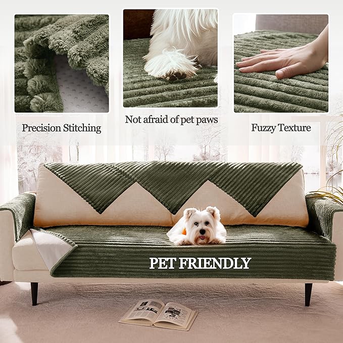 100% Waterproof Couch Arm Covers 2pcs, Fuzzy Chair Arm Covers Thick Soft Recliner Chair Armrest Protectors, Non-Slip Couch Armrest Cover Pet mats for Sofa (Sage Green, 22" x 22" 2 Pack) - Image 4