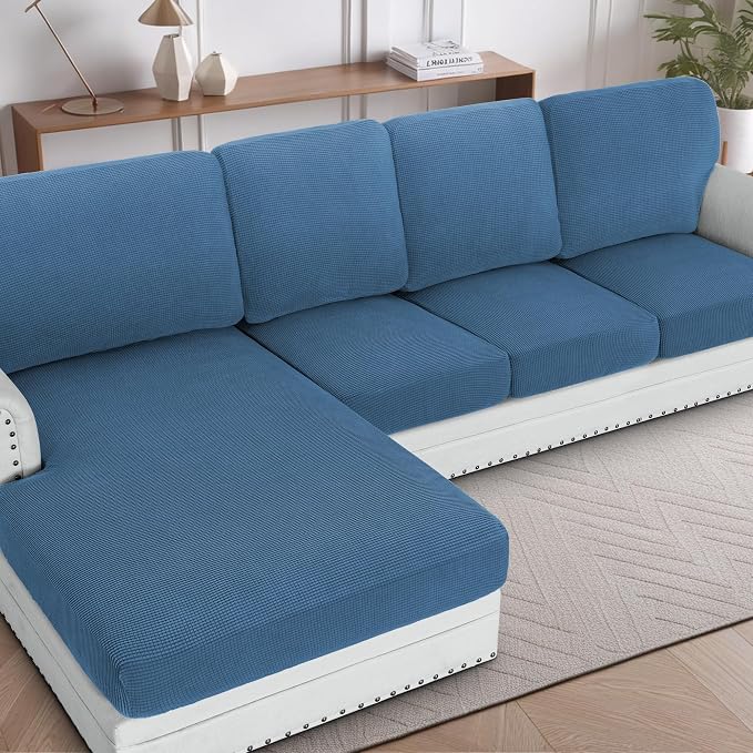 H.VERSAILTEX Sectional Couch Covers 1 Piece Chaise Slipcover L Shape Separate Cushion Couch Cover for Both Left/Right Sectional Couch (Seat Only: 1 Chaises, Dusty Blue) by HVERSAILTEX