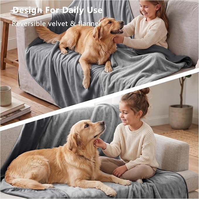 Waterproof Blanket for Dogs - Reversible Furniture Protector | TPU Leak-Proof Liner, Soft Velvet & Flannel Pet Throw, Machine Washable, For Couch and Bed, 82" x 120", Darkgrey/Lightgrey - Image 5