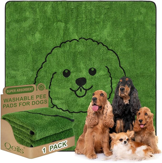 Qeils Reusable Puppy Pads , Washable Pee Pads for Dogs 72"x72" Extra Large | Super Absorbent & Leakproof Potty Training Pads, Plush Grass-Look With Non-Slip Backing For Crates, Playpens & Small Pets by Qeils