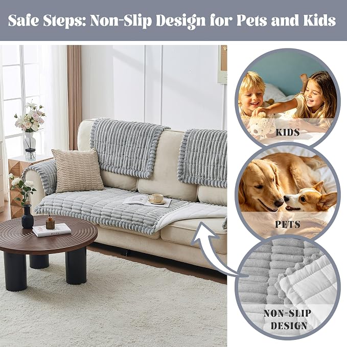 beeweed Couch Covers for Sofa, Couch Covers for Dogs Washable, Non Slip Plush Sofa Slipcovers, Couch Furniture Protector Pet Friendly, Light Grey, 27.6” x 59” - Image 4