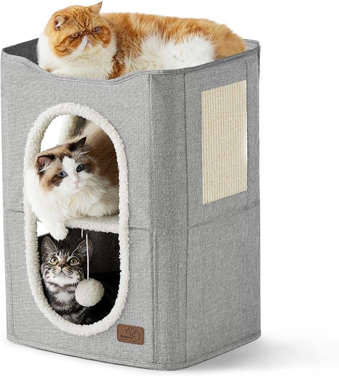 Bedsure 2 Story Cat House for Indoor Cats with Scratch Pad,18x14x23 Grey | Cat Bed Condo for Multiple Pets, With Fluffy Ball, Foldable Hideaway Pet Cave Cube for Sleeping Kitten by Unknown