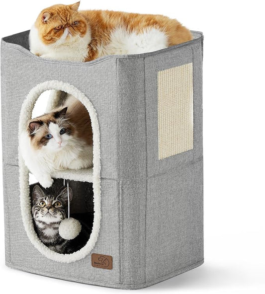 Bedsure 2 Story Cat House for Indoor Cats with Scratch Pad,18x14x23 Grey | Cat Bed Condo for Multiple Pets, With Fluffy Ball, Foldable Hideaway Pet Cave Cube for Sleeping Kitten by Unknown