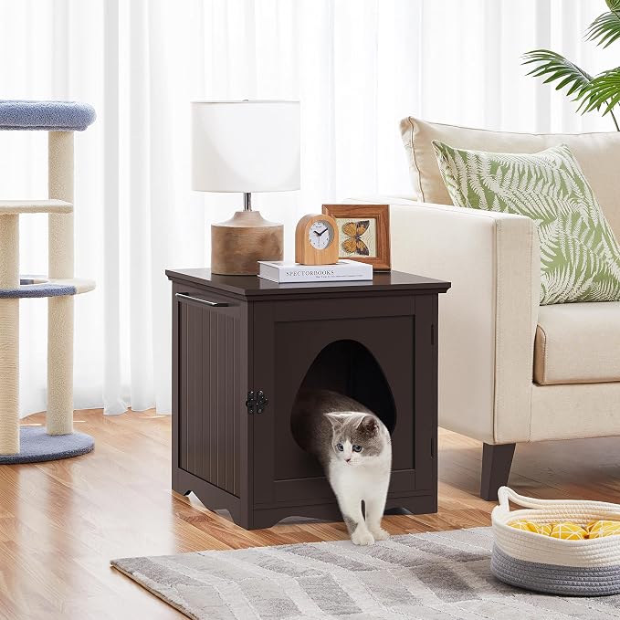 Yaheetech Cat Litter Box Enclosure, Litter Box Furniture Hidden with Towel Bar, Wooden Pet Washroom, Dog Proof Cat Litter Box Cabinet, Indoor Pet House, Side End Table, Espresso - Image 2