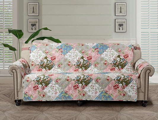 Brilliant Sunshine Peach and Olive Flowers Couch Cover, 70" seat | Patchwork Design, Non Slip Sofa Cover, Quilted Furniture Protector, Large Washable Slipcover for Pets, Dogs & Cats by BrilliantSunshine
