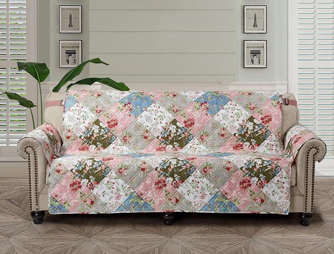 Brilliant Sunshine Peach and Olive Flowers Couch Cover, 78" seat | Patchwork Design, Non Slip Sofa Cover, Quilted Furniture Protector, Extra Large Washable Slipcover for Pets, Dogs & Cats by BrilliantSunshine