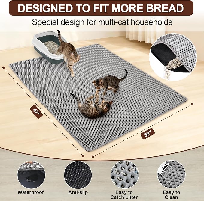 Jumbo Cat Litter Mat, 47" x39", Waterproof, Double-Layer, Gray | Massive size traps mess; waterproof surface wipes clean, no odors. Perfect for multi-cat households. - Image 2