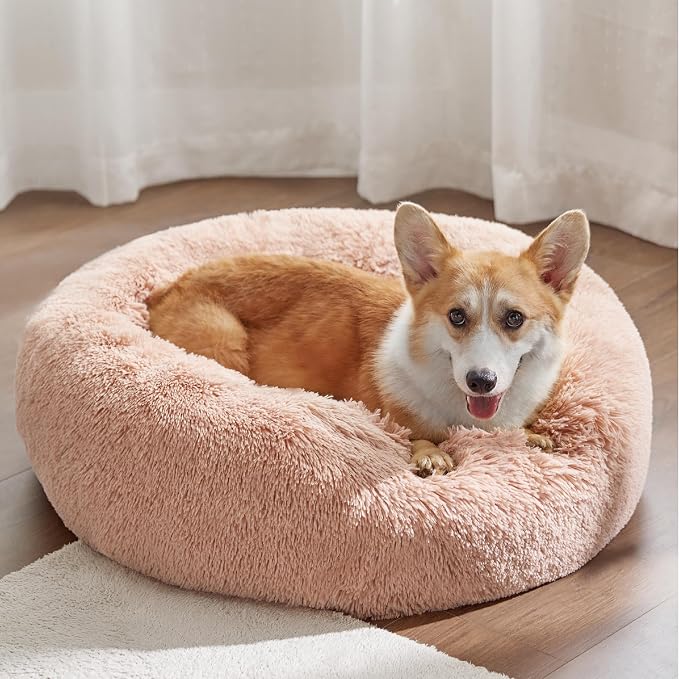 Bedsure Calming Dog Bed Medium Size Dog Donut Washable Pet Bed,30ins Pink | Fluffy Faux Fur Round Cuddler,Machine Washable,Anti-Slip Bottom,Anti-Anxiety,Deep Sleeping for Pets Up to 45 Lbs - Image 4