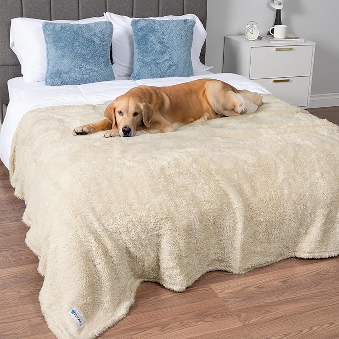 PetAmi Fluffy Waterproof Dog Blanket for Couch and Bed, Reversible Sherpa Pet Throw, Pee Proof Furniture Protector Sofa Cover, Washable Cat Blanket for Medium Large Dogs and Cats (Beige Cream, 90x90) by PetAmi