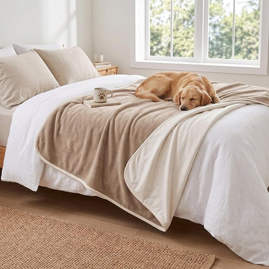 Waterproof Blanket for Dogs - Reversible Furniture Protector | TPU Leak-Proof Liner, Soft Velvet & Flannel Pet Throw, Machine Washable, For Couch and Bed, 82" x 108", Beige/Khaki by Secfeeling
