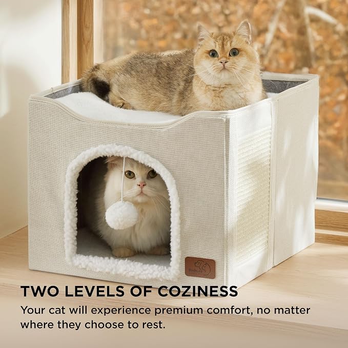 Bedsure Cat House Bed for Indoor Cats with Fluffy Ball and Scratch Pad | Ivory,16.5x16.5x13 in,Large Cat Cave for Multiple Pets,Foldable Cat Hideway Cube for Sleeping Kitten - Image 3