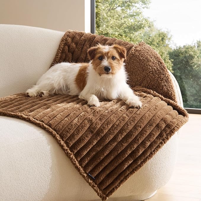 Bedsure ComfyFleece™ Waterproof Dog Blankets for Medium Dogs 30"x40" | Soft Plush Puppy Cat Blanket, Washable Corduroy Fleece,Cozy Calming Reversible Furniture Protector for Pet, Camel Brown by BEDSURE