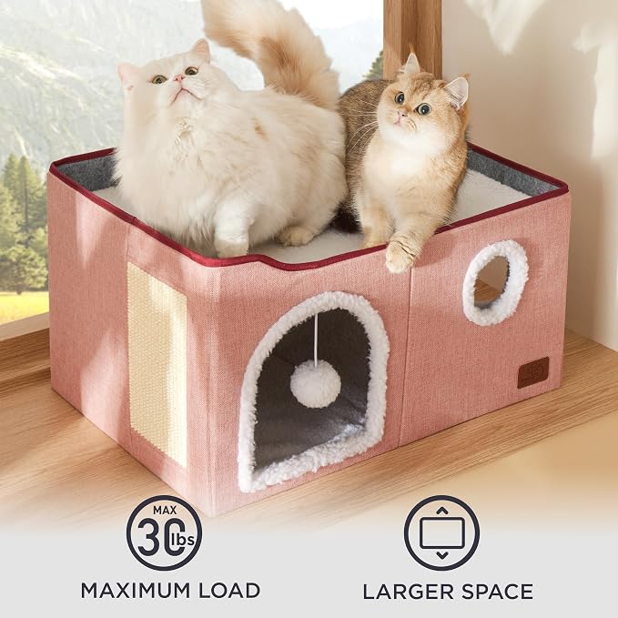Bedsure Extra Wide Cat House Bed with Fluffy Ball and Scratch Pad,Pink | 23.6x16.9x13 in,Indoor Cat Cave for Multiple Pets, Foldable Cat Hideway Cube for Sleeping Large Cat and Kitten - Image 4
