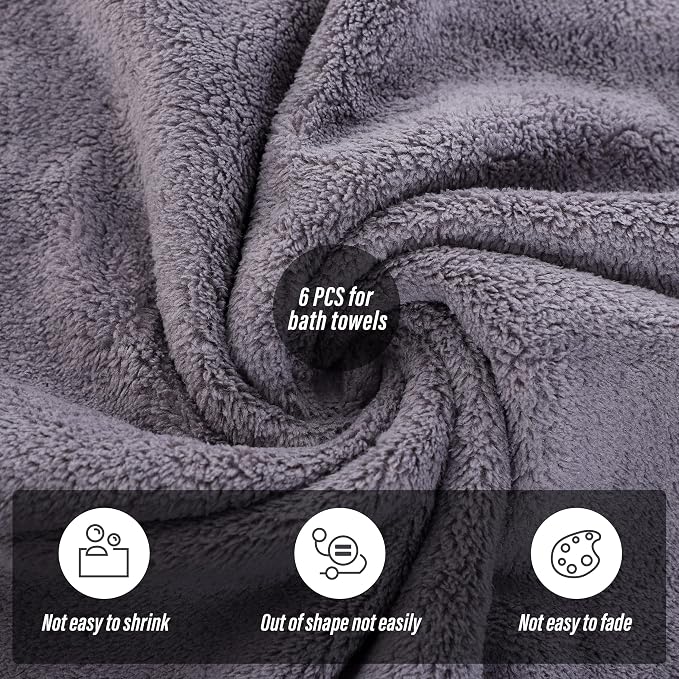 MOONQUEEN 6 Pack Premium Bath Towel Set - Quick Drying - Microfiber Coral Velvet Highly Absorbent Towels - Multipurpose Use as Bath Fitness, Bathroom, Shower, Sports, Yoga Towel (Grey) - Image 4